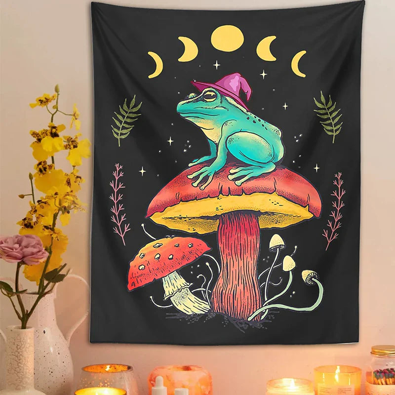 Decobites Frog on Mushroom Tapestry Wall Hanging: Aesthetic, Magic, Wizard, Cottagecore, Boho, Hippie, Moon Phase