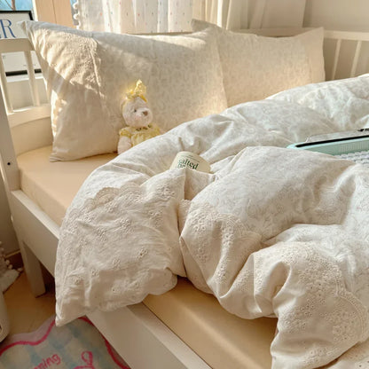 DecorBites™ Lace Duvet Cover Bedding Set 4Pcs French Washed Cotton for Single Double Bed