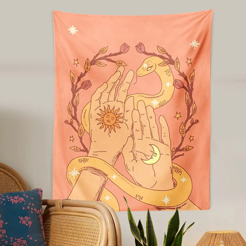 Decobites Sun Moon Snake Tapestry Wall Hanging Retro Boho Decor Art