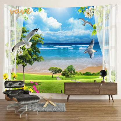 Scenic Sunset Palm Tree Tapestry by Decobites - Boho Beach Landscape Bedroom Decor