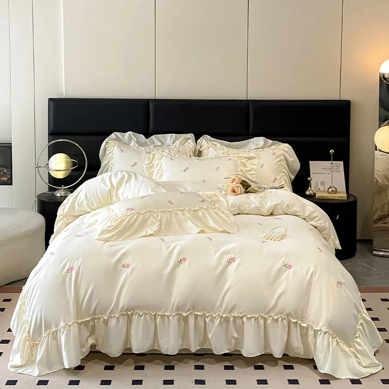 DecorBites™ Ice Silk Embroidery Bedding Sets: Luxury Rayon Duvet Set with Lace, Soft & Cozy