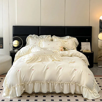 DecorBites™ Ice Silk Embroidery Bedding Sets: Luxury Rayon Duvet Set with Lace, Soft & Cozy