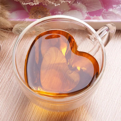 DecorBites™ Heart-Shaped Double Glass Mug | Romantic Couple Cups for Tea, Coffee