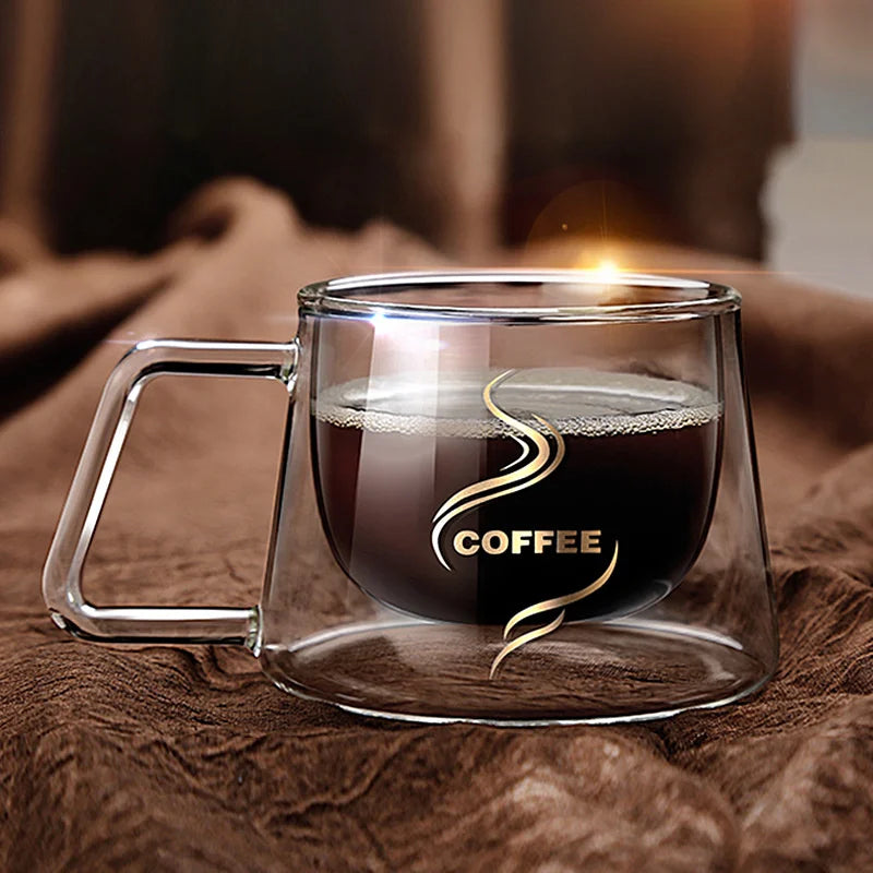DecorBites™ Glass Double Wall Coffee Mug with Handle, 200ml Heat-resistant Espresso Cup