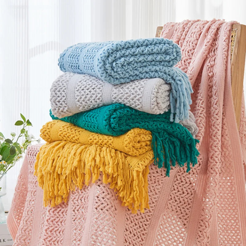 DecorBites™ Knitted Tassels Blanket: Cozy Solid Color for Sofa, Bed, or Homestay