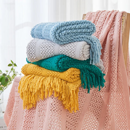 DecorBites™ Knitted Tassels Blanket: Cozy Solid Color for Sofa, Bed, or Homestay