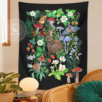 Decobites Rabbit Strawberry Garden Tapestry: Psychedelic Mushroom Flower Boho Wall Art