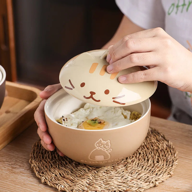 Japanese Creative Ceramic Soup Bowl Cute Cartoon Animals with Lid Cat Bowl Household Instant Noodles Bowl Rice Bowl Tableware