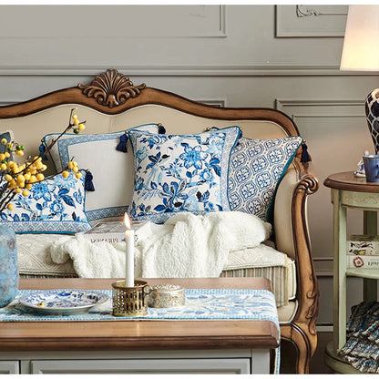 DecorBites™ Chinoiserie Style Blue White Porcelain Birds Floral Lumbar Pillow Case