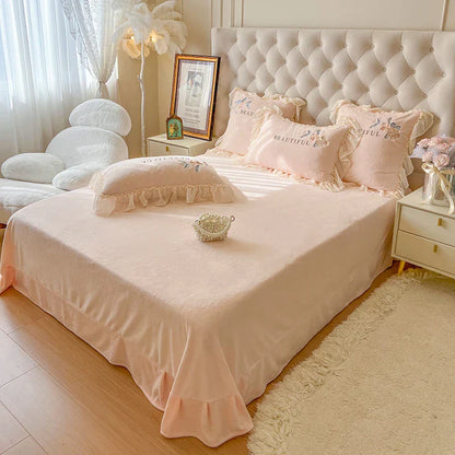 Decobites Pink Princess Lace Ruffle Bedding Set with Rose Embroidery, Fleece Duvet Cover, Sheet, Pillowcase