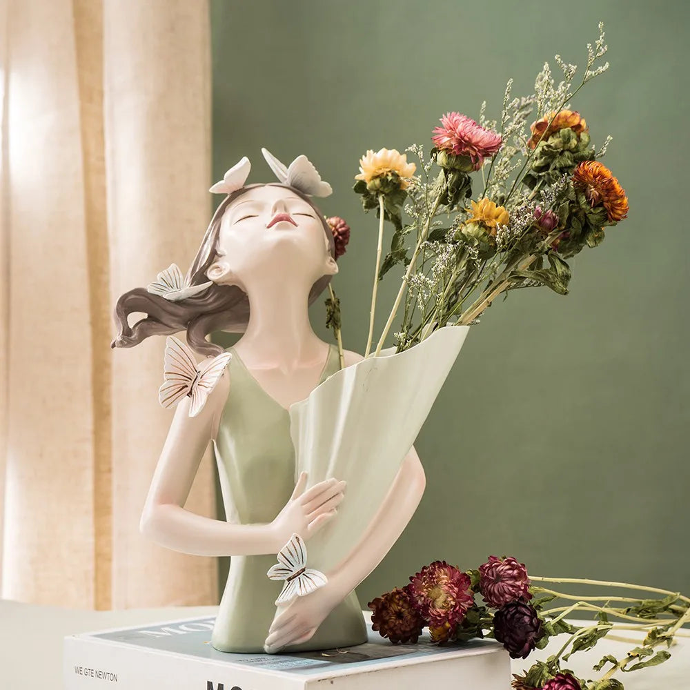 DecorBites™ Estatua de niña mariposa rosa de 30 cm en jarrón, figura decorativa moderna de resina para el hogar