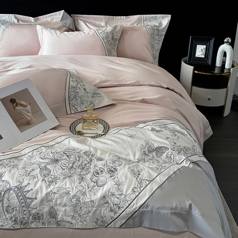 Juego de cama DecorBites™ Luxe con bordado de mariposas y flores, incluye funda nórdica, sábana y fundas de almohada (4 piezas).