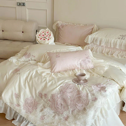 Decobites Luxury Princess Wedding Bedding Set with Flowers Embroidery & Lace Ruffles