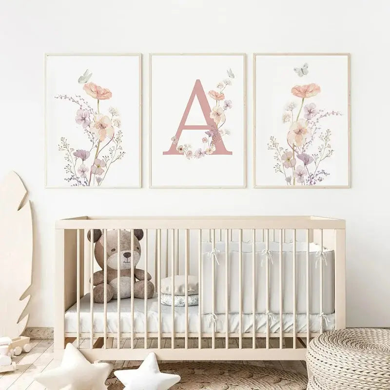 DecorBites™ Personalized Pink Floral Nursery Wall Art
