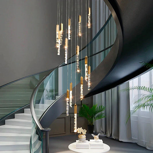 DecorBites™ Gold Crystal Stairs Chandelier Luxe LED Pendant Light Luxury Indoor Lighting