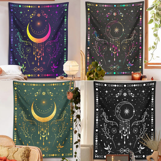 Decobites Celestial Moon Phase Tapestry with Floral Accents