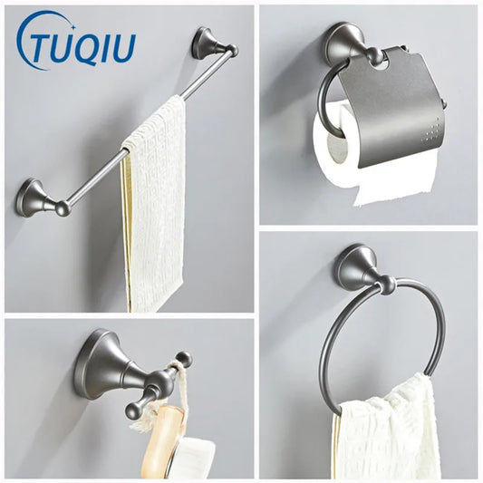 DecorBites™ Gray Bathroom Accessories Set: Towel Rack, Toilet Brush Holder, Shelf, Soap Dish