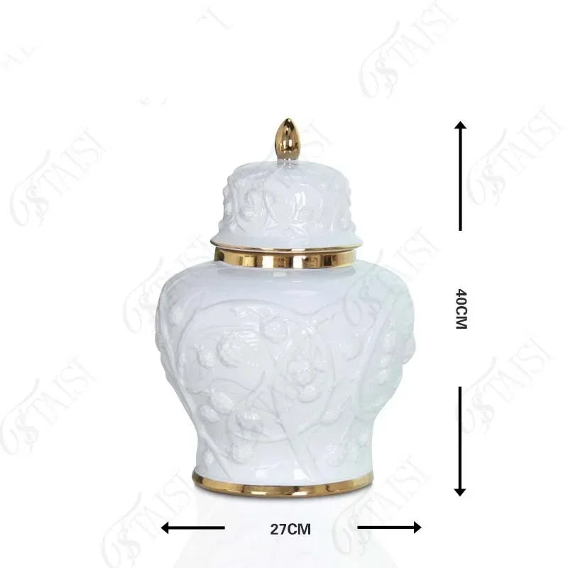 DecorBites™ Embossed Flower Ceramic Ginger Jar Vase - Home Decor Storage Tank