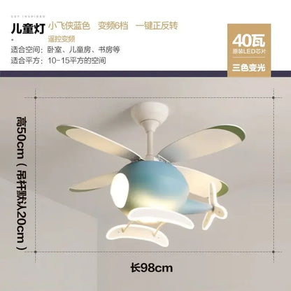 Ventilador de techo infantil DecorBites™ con forma de helicóptero y lámpara de araña con luz LED - Diseño moderno de aeronave