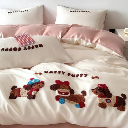 DecorBites™ Cartoon Embroidered Cotton Bedding Set with Ice Silk Cooling Technology