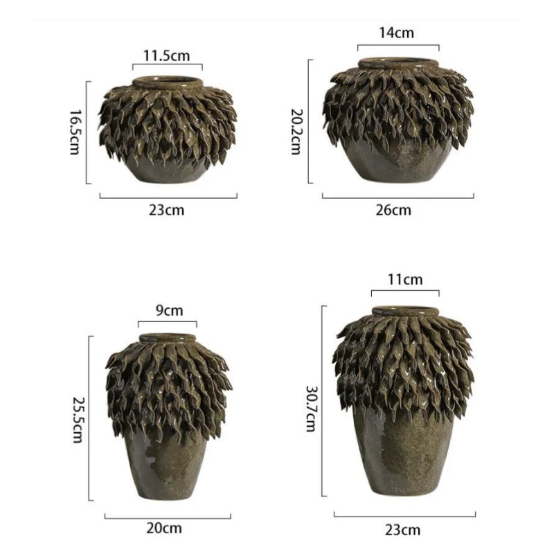 DecorBites™ Leaf Relief Ceramic Vase: Hand-made 3D Floral Arrangement Pot