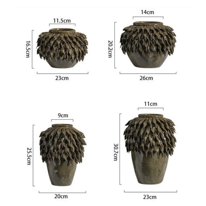 DecorBites™ Leaf Relief Ceramic Vase: Hand-made 3D Floral Arrangement Pot