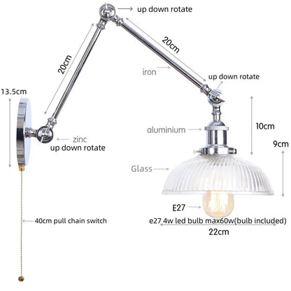 DecorBites™ Chrome Industrial LED Wall Sconce Swing Arm Clear Glass Lamp