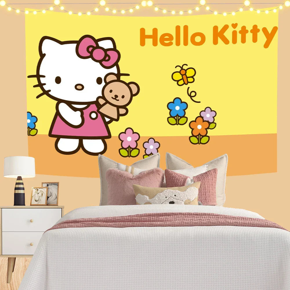 Kawaii Hello Cats Room Cloth Poster Wallcloth Tapestry Wall Hanging Decobites Dorm Decor