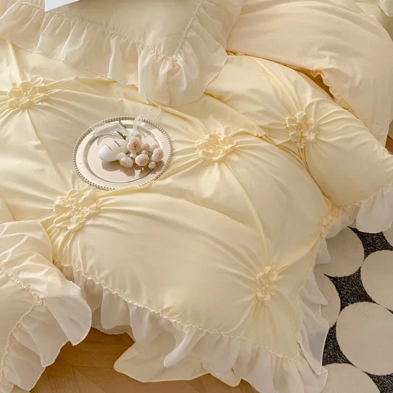 DecorBites™ Lace Princess Bedding Set: Romantic Ruffles & Bow Duvet Cover, Sheet, Pillowcases