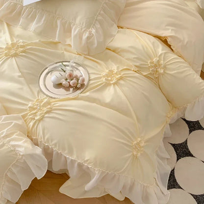 DecorBites™ Lace Princess Bedding Set: Romantic Ruffles & Bow Duvet Cover, Sheet, Pillowcases