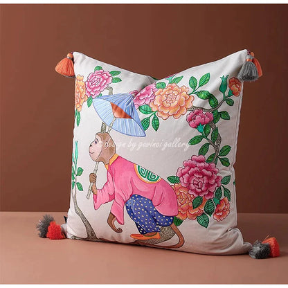 DecorBites™ Chinoiserie Monkey Umbrella Peonies Roses Pillowcase | Eclectic Home Decor