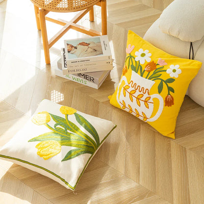 DecorBites™ Elegant Yellow Vase Flower Cushion Cover - 45x45cm