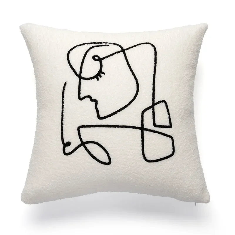 DecorBites™ Lambswool Face Cushion Cover 45x45 Beige White Abstract Art Pillowcase