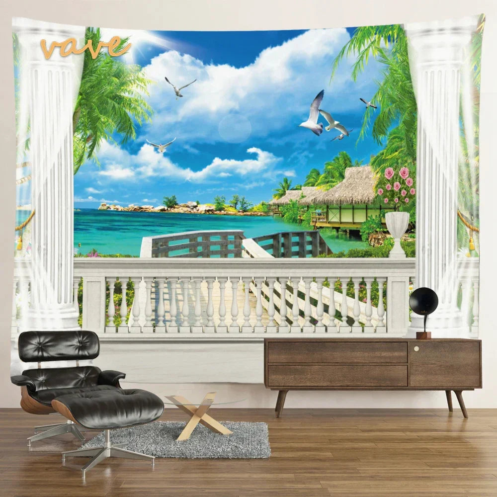 Scenic Sunset Palm Tree Tapestry by Decobites - Boho Beach Landscape Bedroom Decor