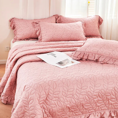DecorBites™ Leaf Embroidery Double Layer Lace Ruffles Quilt Set with Bedspread & Pillowcases