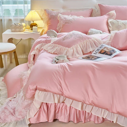 Decobites Pink Butterfly Embroidery Lace Princess Wedding Bedding Set