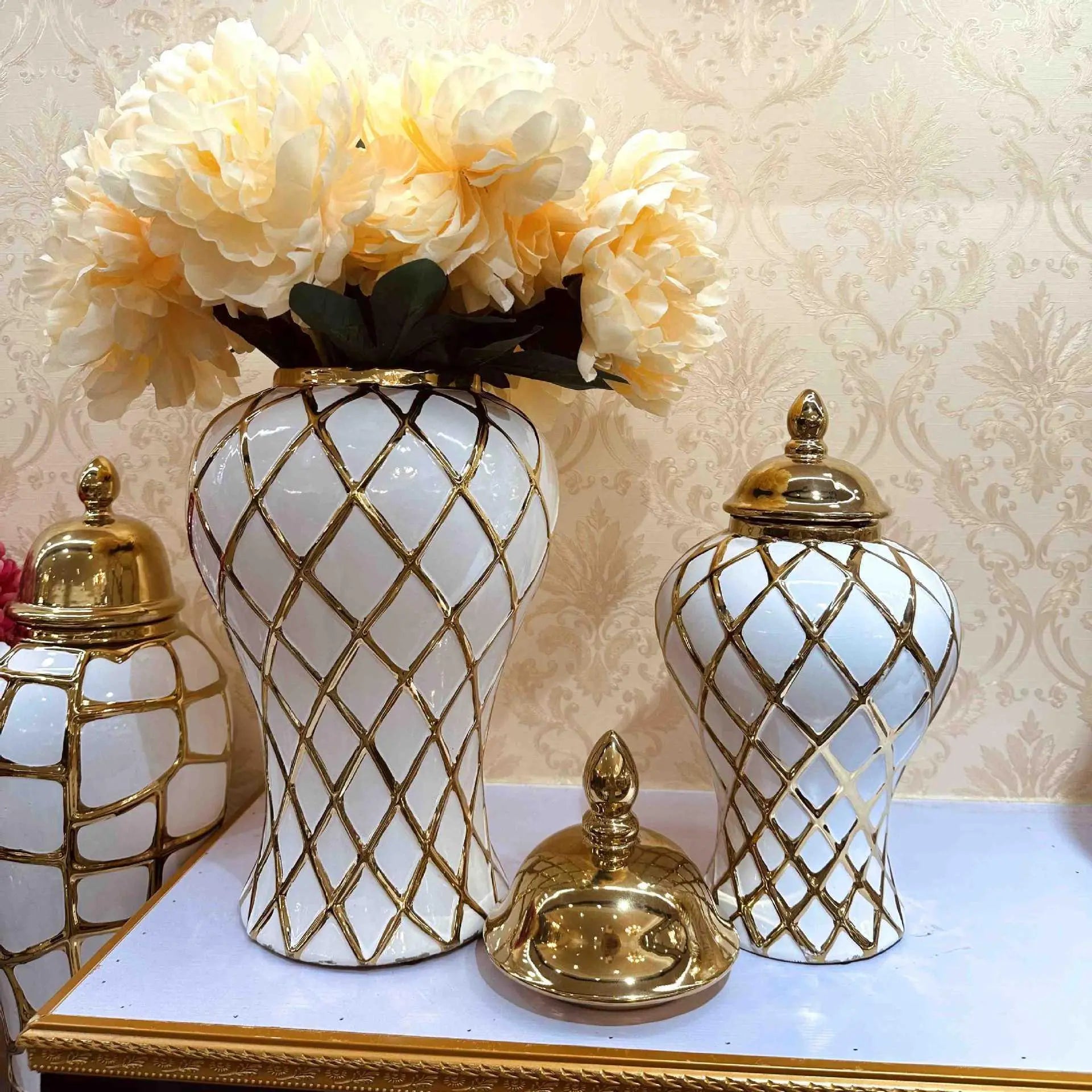 Jarrón de Porcelana con Diamante de Oro Decorbites™: Decoración Elegante de Cerámica para el Hogar y Tarro de Almacenamiento