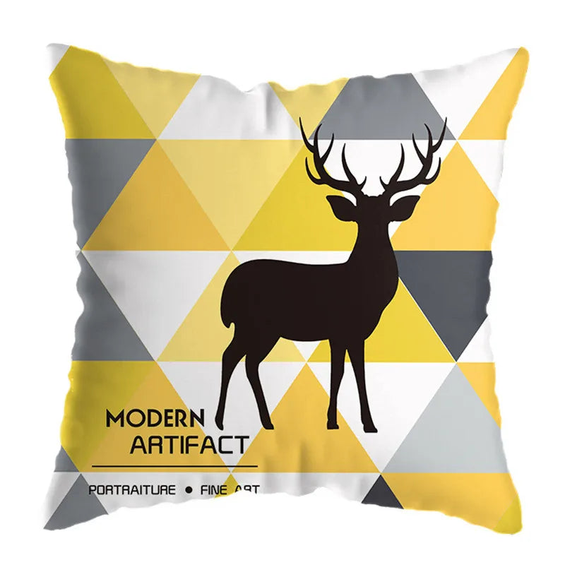 غطاء وسادة مطبوع عليه غزال هندسي من DecorBites™ مقاس 45×45 سم - ديكور منزلي أصفر