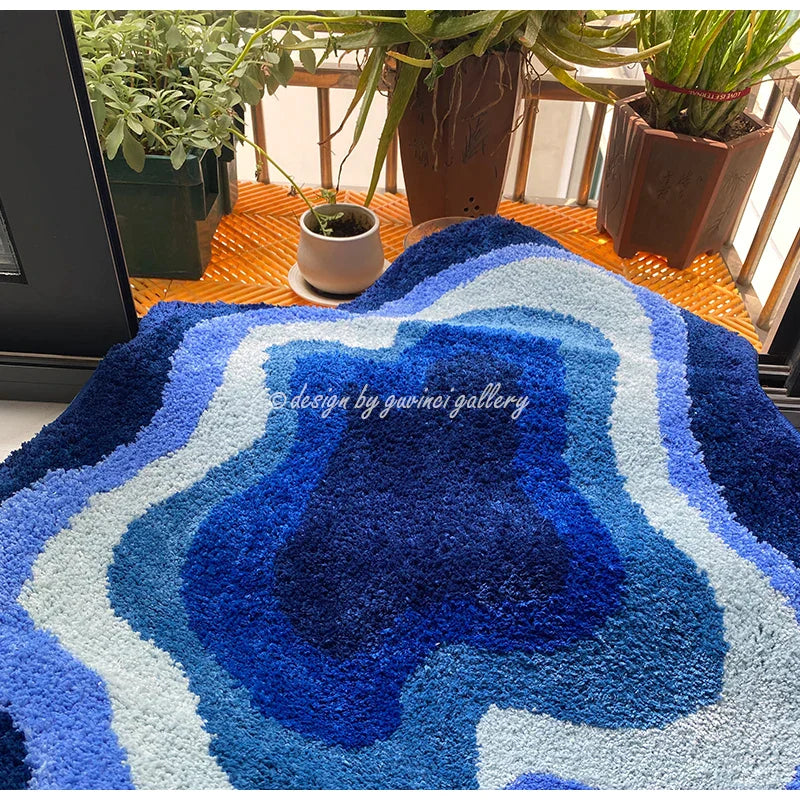 DecorBites™ Cloudy Blues Wavy Retro Rug 80x120, Super Soft & Non-Slip Hand Tufted Carpet