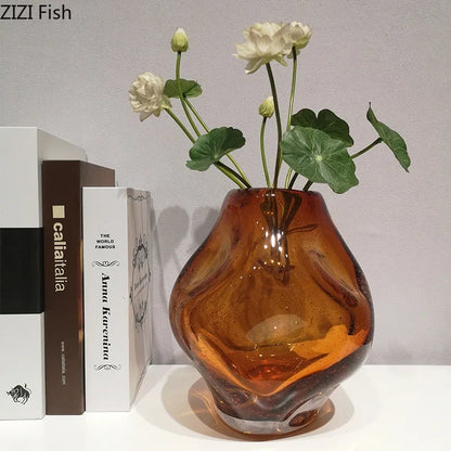 DecorBites™ Amber Glass Vase & Artificial Flower Desk Decoration for Room Aesthetic
