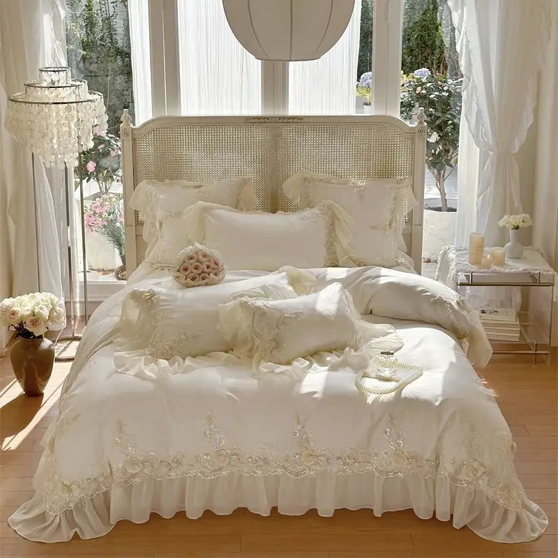 Luxury Lace Ruffle Wedding Bedding Set by Decobites