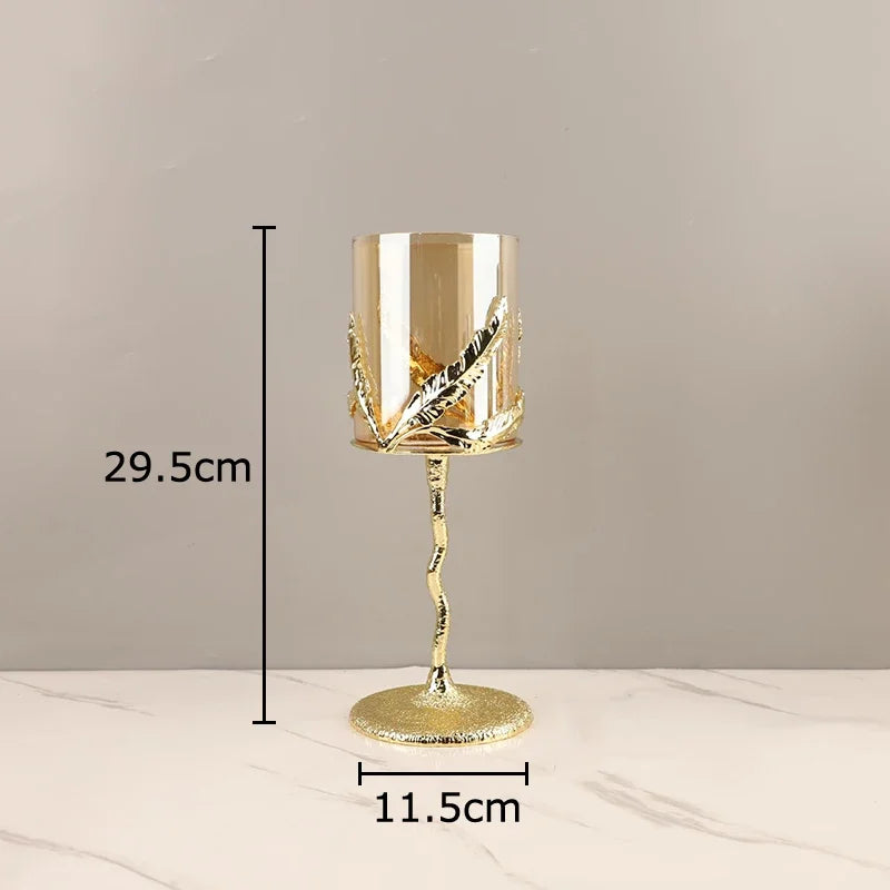 DecorBites™ Golden Branches Candle Holders Metal Glass Candlestick Aroma Container
