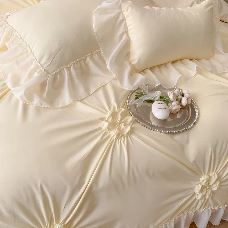 DecorBites™ Lace Princess Bedding Set: Romantic Ruffles & Bow Duvet Cover, Sheet, Pillowcases