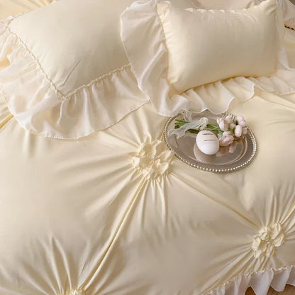 DecorBites™ Lace Princess Bedding Set: Romantic Ruffles & Bow Duvet Cover, Sheet, Pillowcases