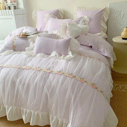 Decobites Pink French Princess Lace Ruffles Bedding Set with Pillowcases & Bed Sheet