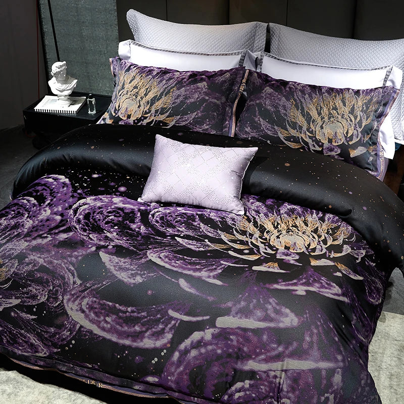 Decobites Luxury Purple Egyptian Cotton Jacquard Bedding Set with Duvet Cover, Sheet, Pillowcases