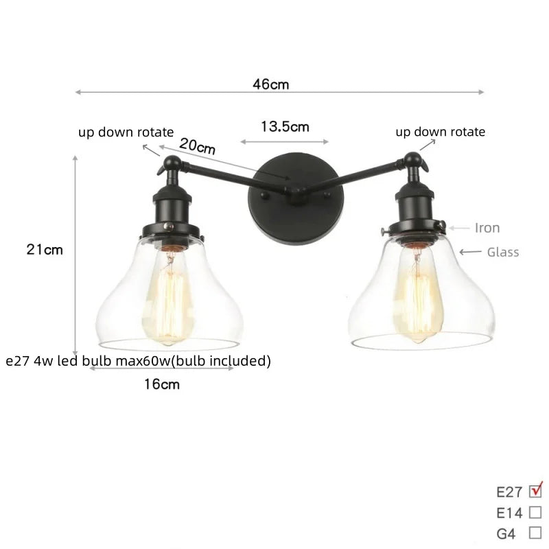 DecorBites™ Black LED Wall Sconce 2-Head Lamp for Bedroom Bathroom Mirror