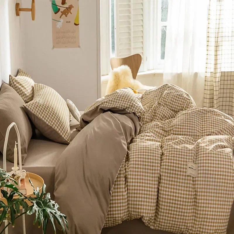 DecorBites™ Japanese Grid Print Bedding Set for All Seasons, Queen/King Size Quilt Cover