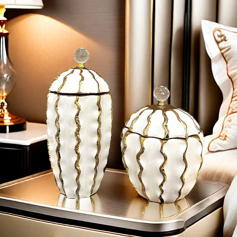DecorBites™ Golden Checkmate Ceramic Pot Vase Wavy Gilt Storage Tank