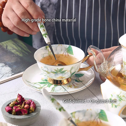 DecorBites™ Camellia Floral Tea Set Bone China Glass Teapot & Ceramic Teacup Pot Strainer